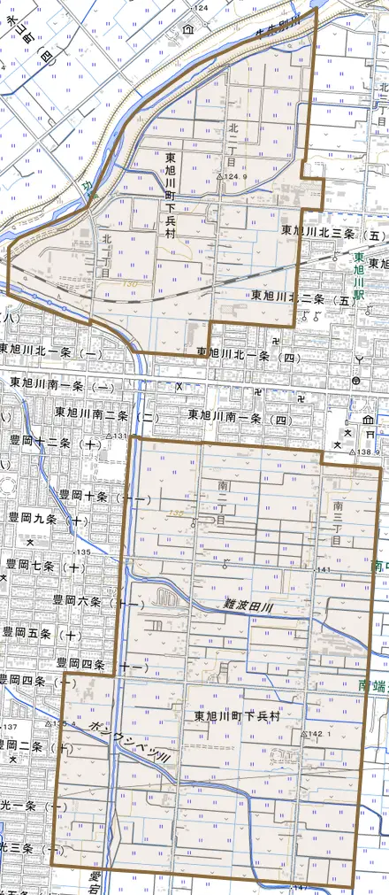 東旭川町下兵村とその周辺の地図。町の範囲を重ねている