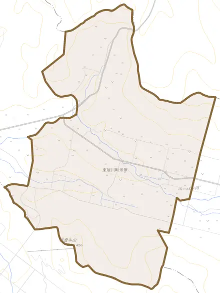 東旭川町米原とその周辺の地図。町の範囲を重ねている