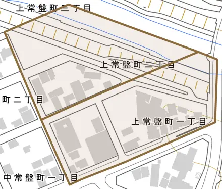 上常盤町とその周辺の地図。町の範囲を重ねている