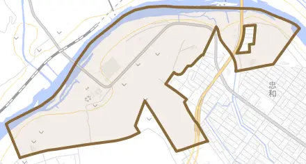 神居町忠和とその周辺の地図。町の範囲を重ねている