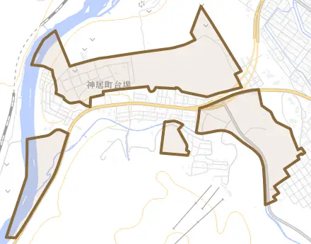 神居町台場とその周辺の地図。町の範囲を重ねている