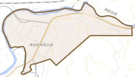 神居町神居古潭とその周辺の地図。町の範囲を重ねている