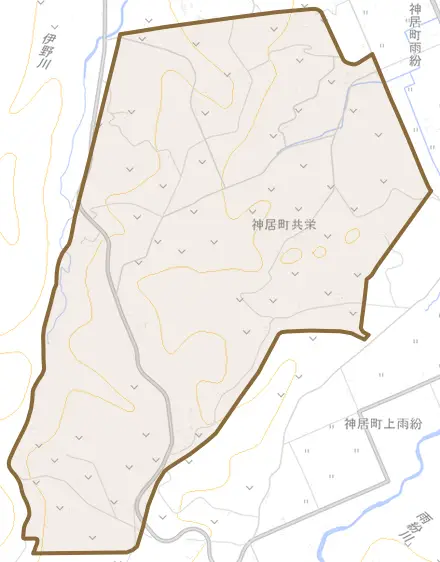 神居町共栄とその周辺の地図。町の範囲を重ねている