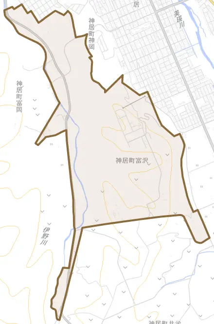 神居町富沢とその周辺の地図。町の範囲を重ねている