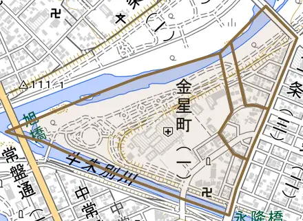 金星町とその周辺の地図。町の範囲を重ねている