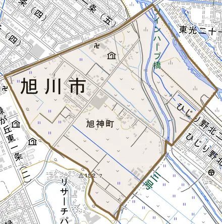 旭神町とその周辺の地図。町の範囲を重ねている