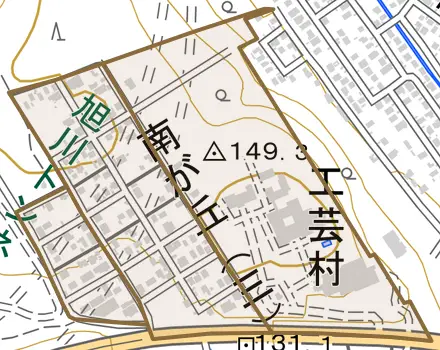 南が丘とその周辺の地図。町の範囲を重ねている