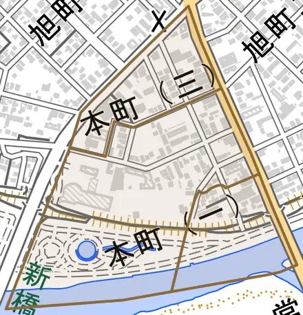 本町とその周辺の地図。町の範囲を重ねている
