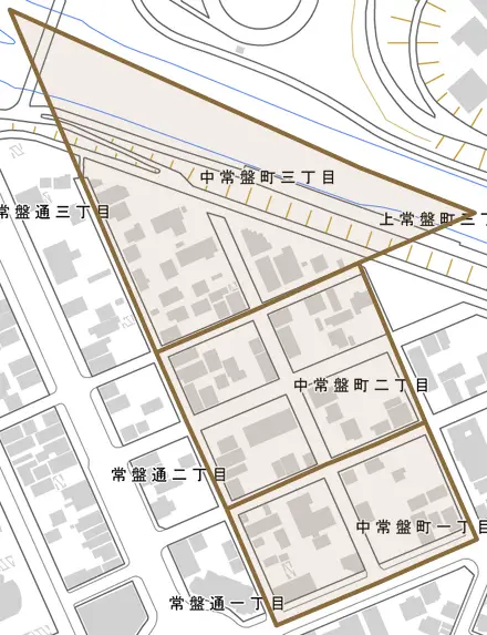 中常盤町とその周辺の地図。町の範囲を重ねている