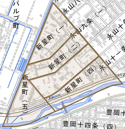 新星町とその周辺の地図。町の範囲を重ねている