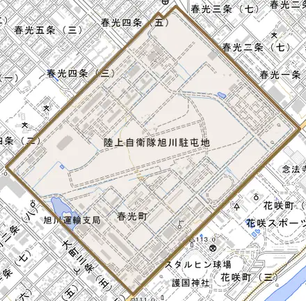春光町国有無番地とその周辺の地図。町の範囲を重ねている
