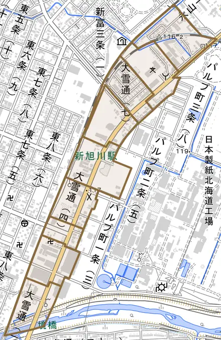 大雪通とその周辺の地図。町の範囲を重ねている