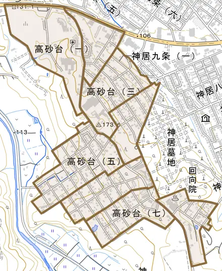高砂台とその周辺の地図。町の範囲を重ねている