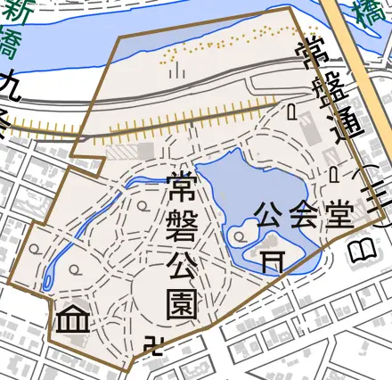 常磐公園とその周辺の地図。町の範囲を重ねている