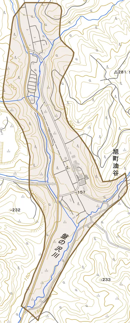 旭町油谷とその周辺の地図。町の範囲を重ねている