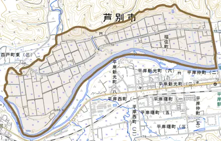 福住町とその周辺の地図。町の範囲を重ねている