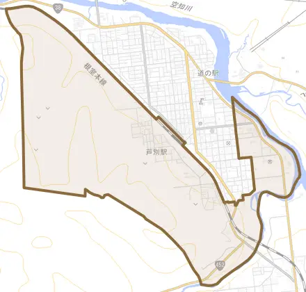 本町とその周辺の地図。町の範囲を重ねている