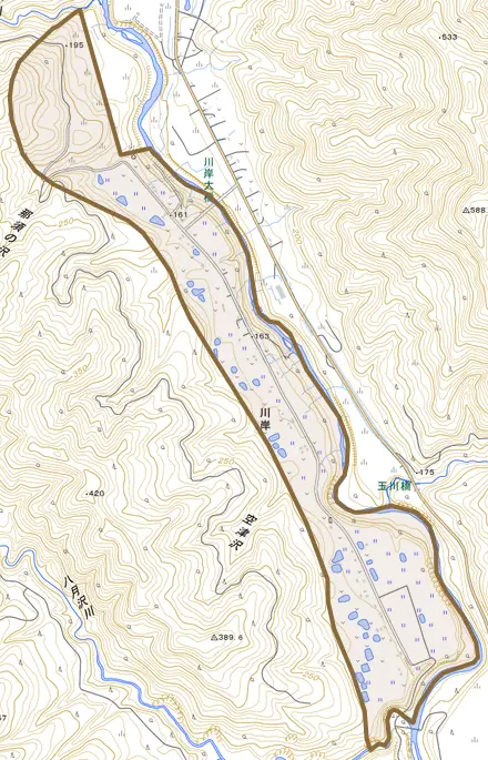 川岸とその周辺の地図。町の範囲を重ねている
