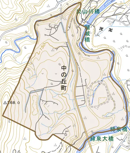 中の丘町とその周辺の地図。町の範囲を重ねている