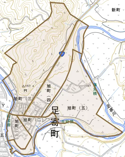 旭町とその周辺の地図。町の範囲を重ねている