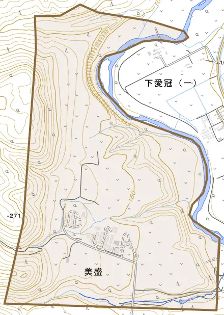 美盛とその周辺の地図。町の範囲を重ねている