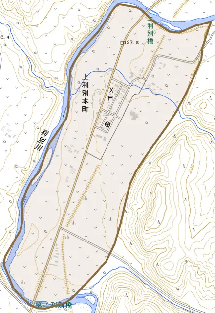 上利別本町とその周辺の地図。町の範囲を重ねている