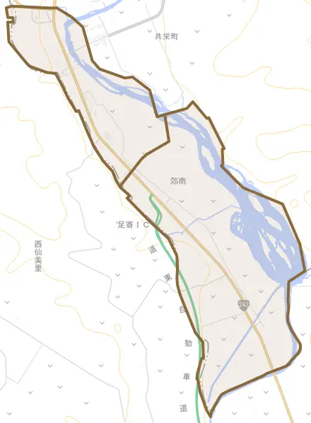 郊南とその周辺の地図。町の範囲を重ねている