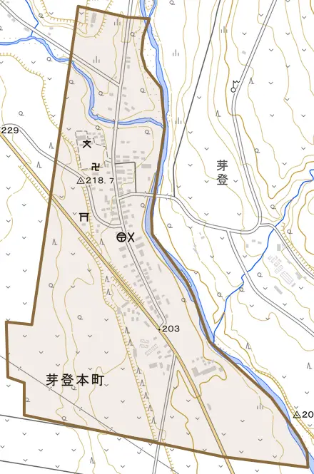 芽登本町とその周辺の地図。町の範囲を重ねている