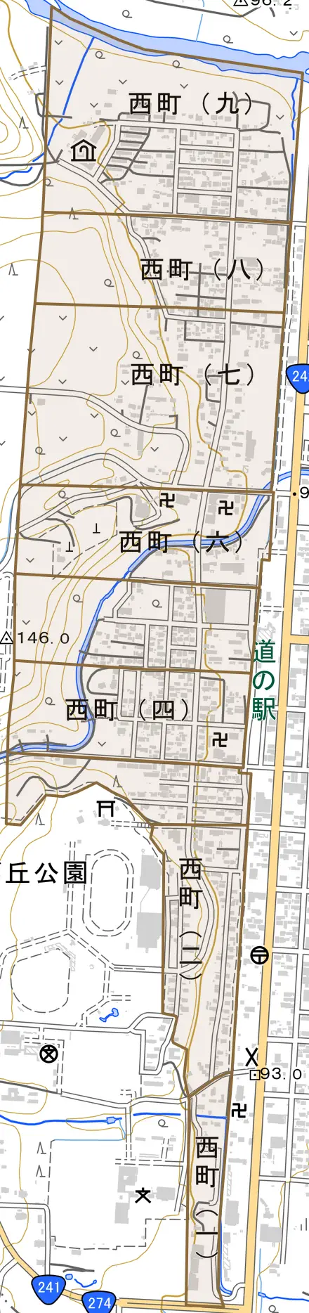 西町とその周辺の地図。町の範囲を重ねている