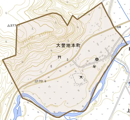 大誉地本町とその周辺の地図。町の範囲を重ねている
