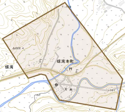 螺湾本町とその周辺の地図。町の範囲を重ねている