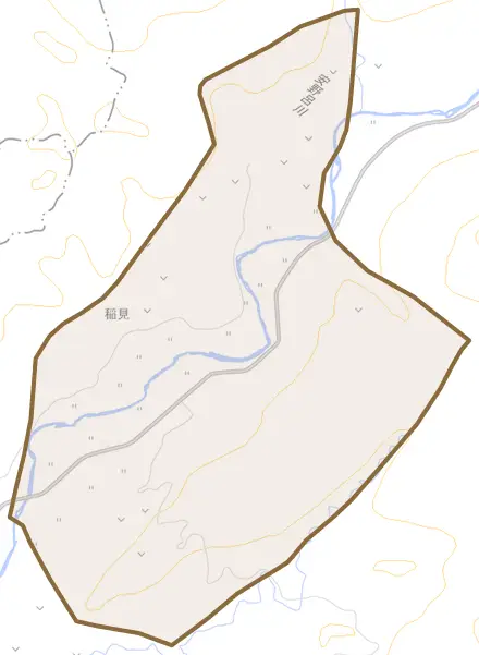 字稲見とその周辺の地図。町の範囲を重ねている