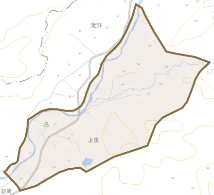 字上里とその周辺の地図。町の範囲を重ねている