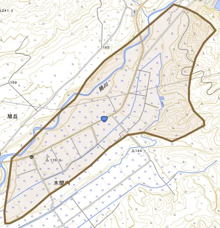 字木間内とその周辺の地図。町の範囲を重ねている