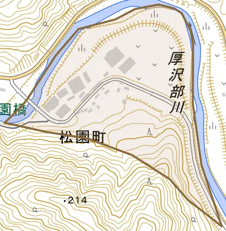 松園町とその周辺の地図。町の範囲を重ねている