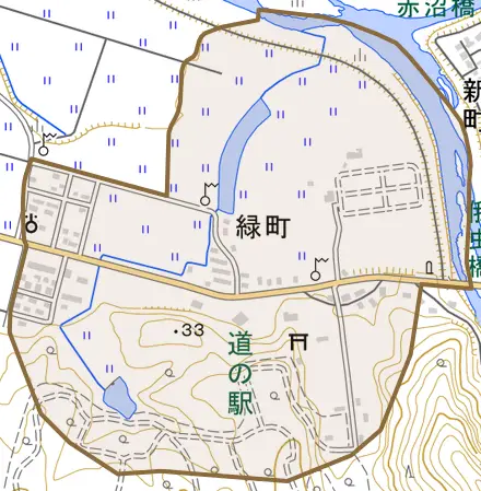 緑町とその周辺の地図。町の範囲を重ねている