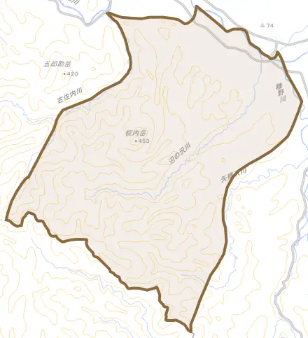 南館町とその周辺の地図。町の範囲を重ねている