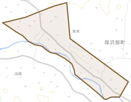 字新栄とその周辺の地図。町の範囲を重ねている