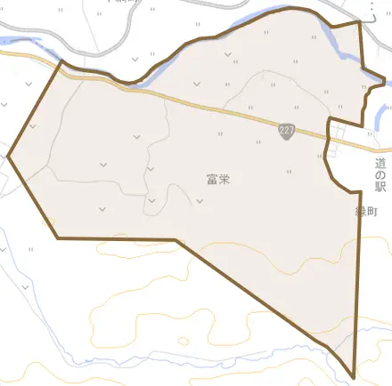 字富栄とその周辺の地図。町の範囲を重ねている