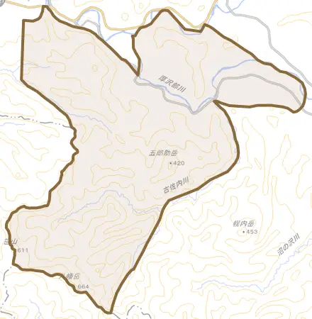 字当路とその周辺の地図。町の範囲を重ねている