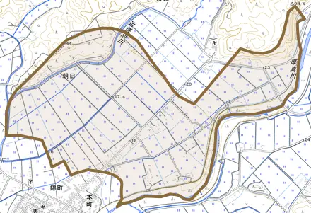 字朝日とその周辺の地図。町の範囲を重ねている