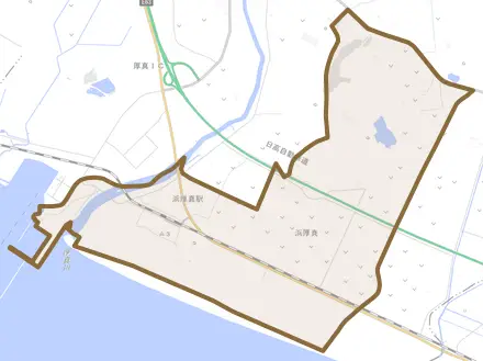字浜厚真とその周辺の地図。町の範囲を重ねている