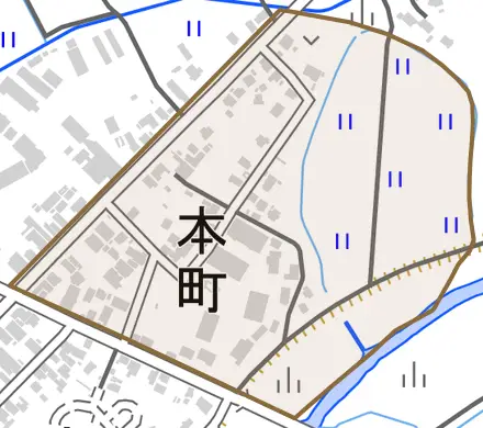 本町とその周辺の地図。町の範囲を重ねている