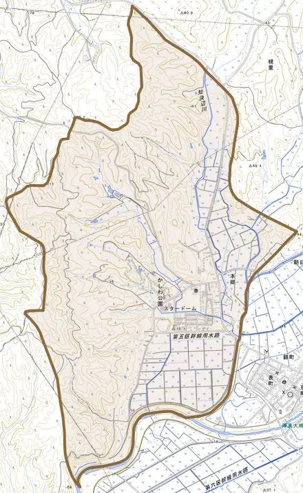 字本郷とその周辺の地図。町の範囲を重ねている