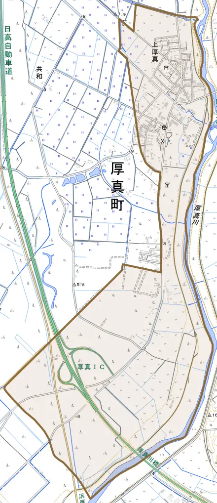 字上厚真とその周辺の地図。町の範囲を重ねている
