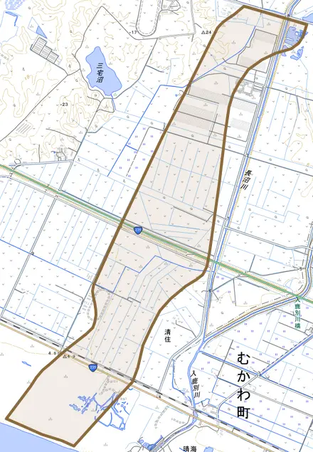 字清住とその周辺の地図。町の範囲を重ねている