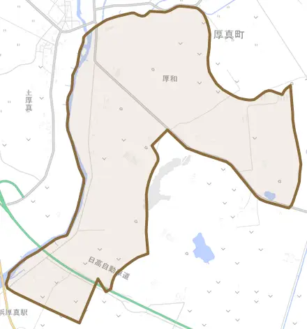 字厚和とその周辺の地図。町の範囲を重ねている