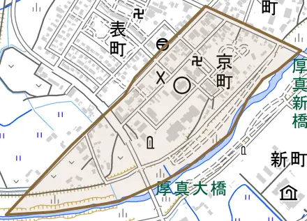 京町とその周辺の地図。町の範囲を重ねている