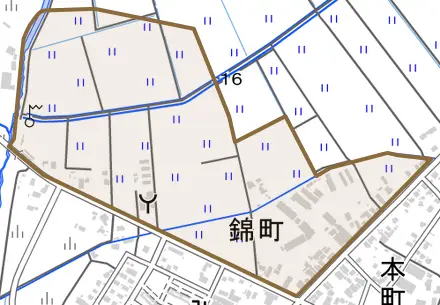 錦町とその周辺の地図。町の範囲を重ねている