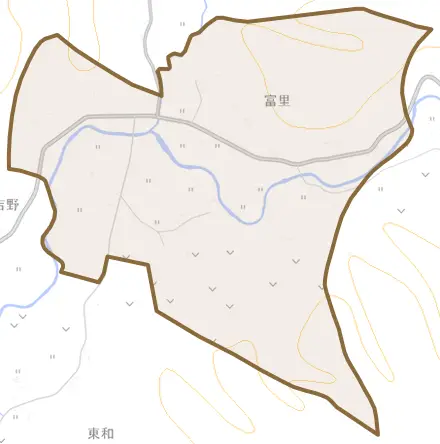 字富里とその周辺の地図。町の範囲を重ねている